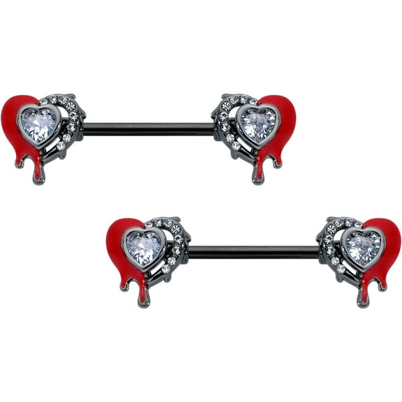 Body Candy 14G Womens Nipplerings Piercing Stainless Steel Black 2Pc Bleeding Heart Nipple Ring Set 9/16