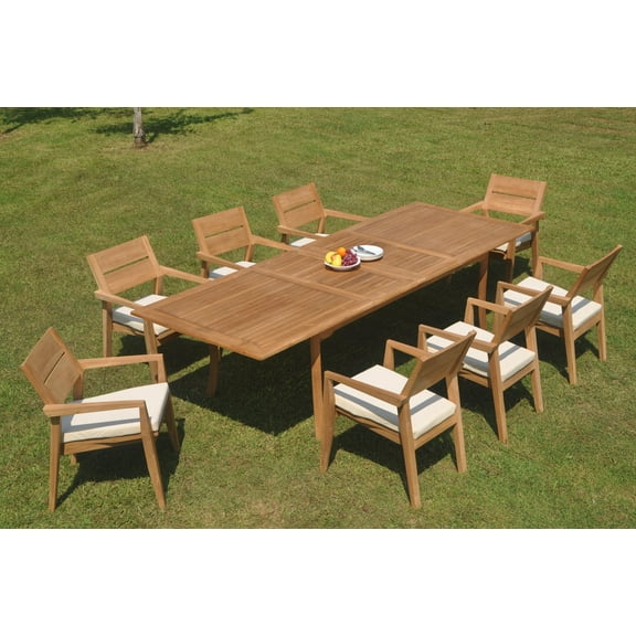 Grade-A Teak Dining Set: 8 Seater 9 Pc: 118" Double Extension Rectangle Table And 8 Vellore Stacking Arm Chairs Outdoor Patio WholesaleTeak #WMDSWVm