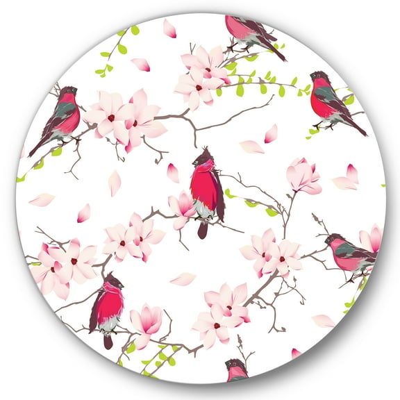 Designart 'Red Bullfinches Sitting On Magnolia Tree' Traditional Circle Metal Wall Art 36x36 - Disc of 36