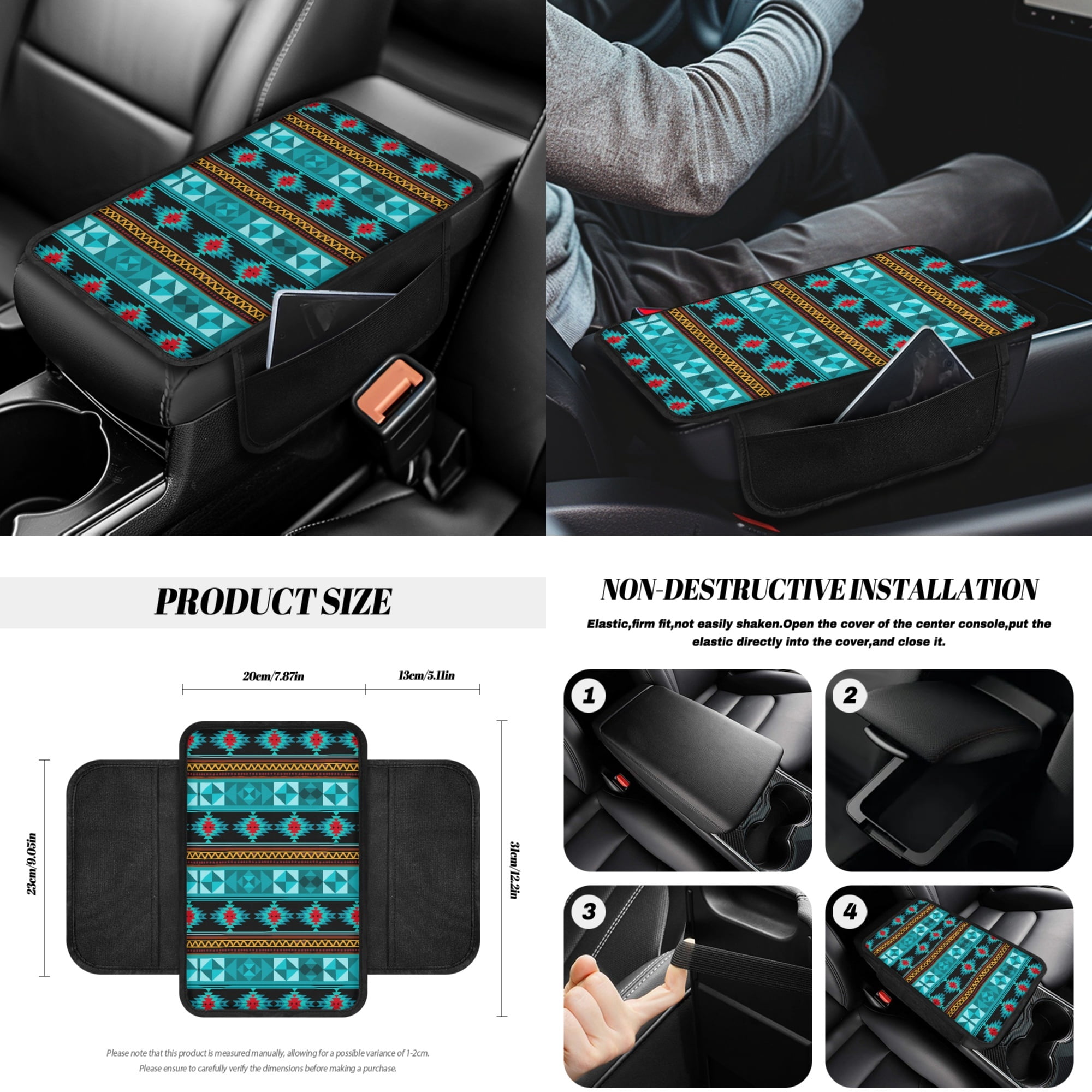 Yuyamidu Aztec Ethnic Gemoetric Car Seat Cover Set of 14 Blue Car Seat Protector with Steering Wheel Cover Seatbelt Pads Armrest Cushion Trash Can Rearview Mirror Cover Handbrake Cover Set Coasters