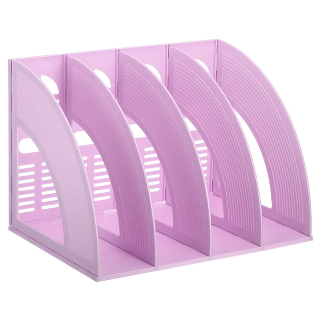 Unique Bargains Magazine File Holder, Plastic Vertical 4 Compartment Desktop Book Newspaper Notebook Storage Rack, Purple