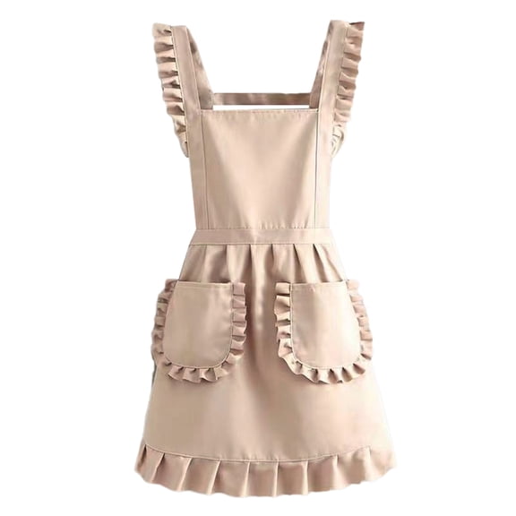 Jkung Cute Apron for Women Ruffled Edge Apron with Pockets Sleeveless Cooking Kitchen Maid Costume Halloween Cosplay Gifts