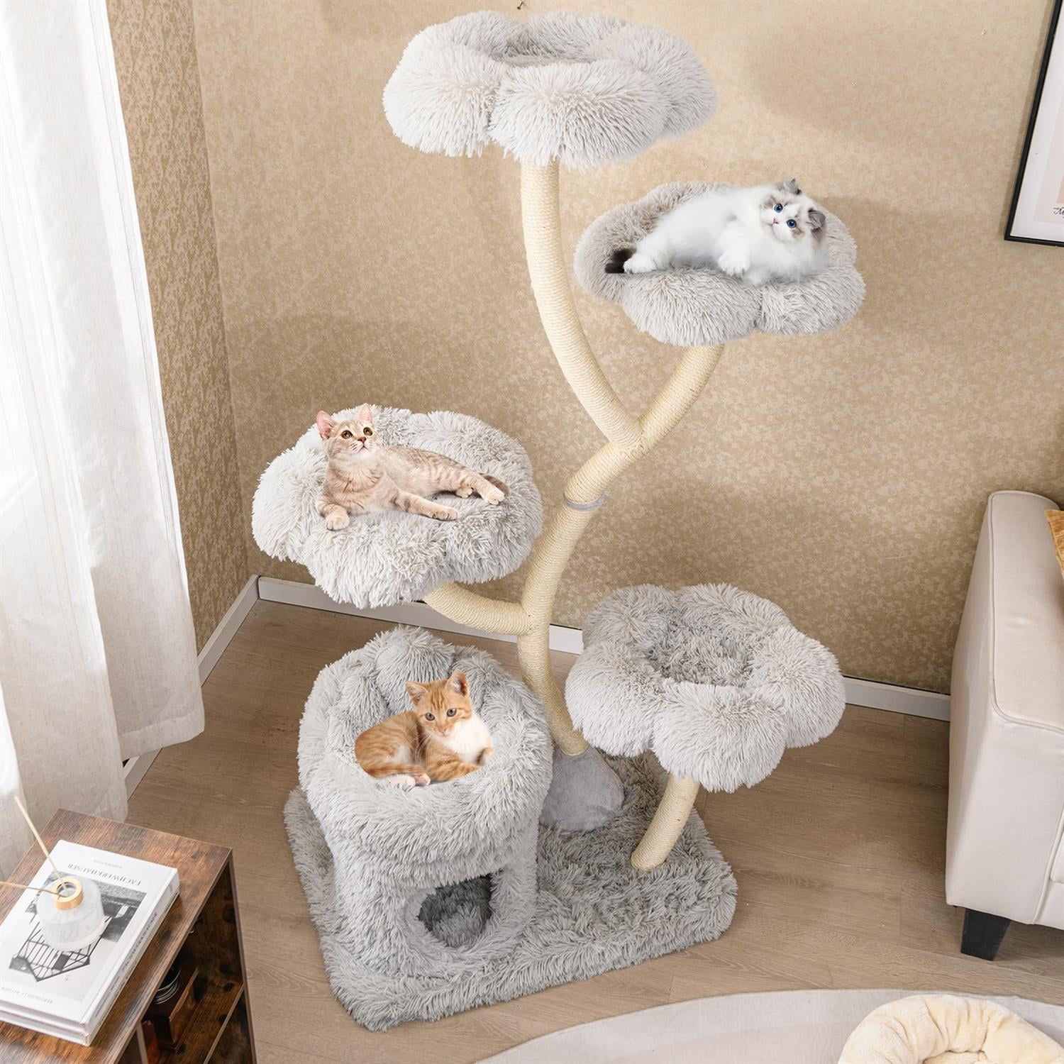 Pefilos Freestanding Cat Tower, 4 Flower-shaped Platforms, Sisal Scratching Posts, Gray