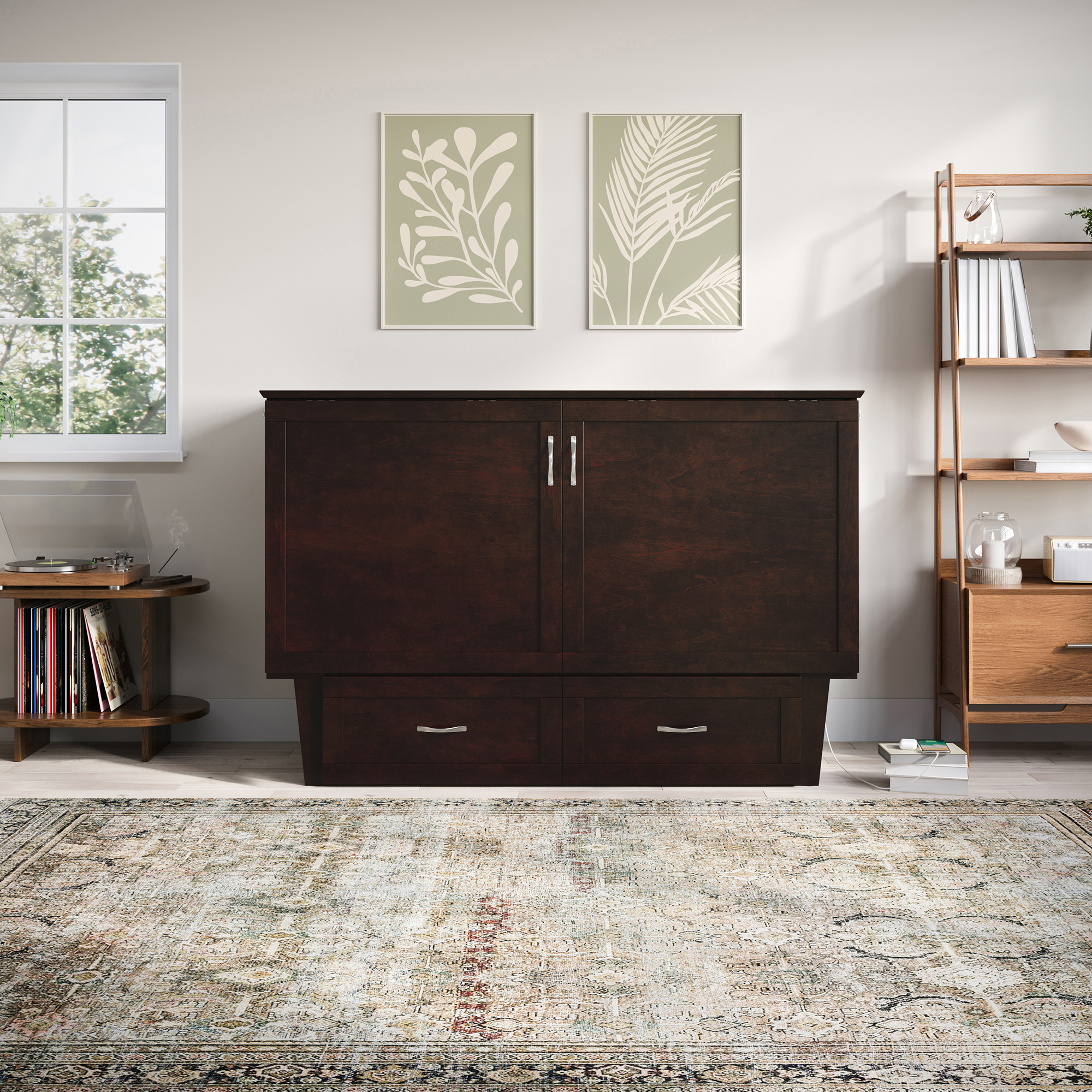 AFI Chelsea Queen Murphy Bed Chest with Mattress, Storage & Built-in Charging, Espresso