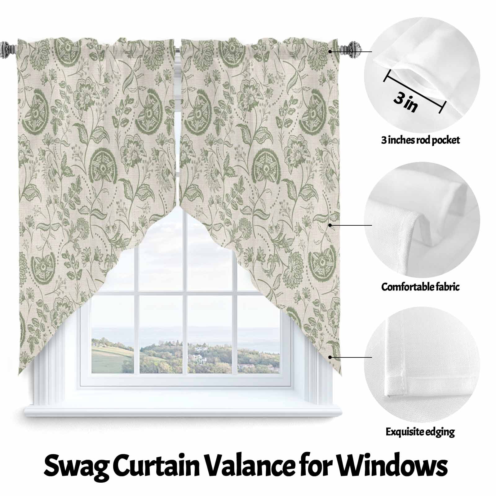 Farmhouse Sage Green Floral Swag Valances for Windows 2 Pack Linen Boho Paisley Flower Rustic Swag Kitchen Curtains 63 Inches Long Rod Pocket Short Window Treatment for Kitchen Bathroom 36"x63"