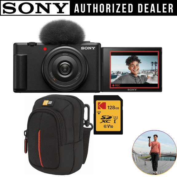 Sony ZV-1F Vlog Camera for Content Creators and Vloggers (Black) Bundle with 128GB SD Card and Compact Camera Case (3 Items)