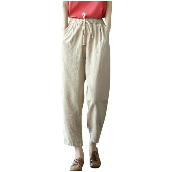 RYRJJ Women Cotton Linen Drawstring Cropped Pants Baggy Capri Straight Leg Lounge Trousers Elastic Waist Casual Comfy Pants(Beige,M)