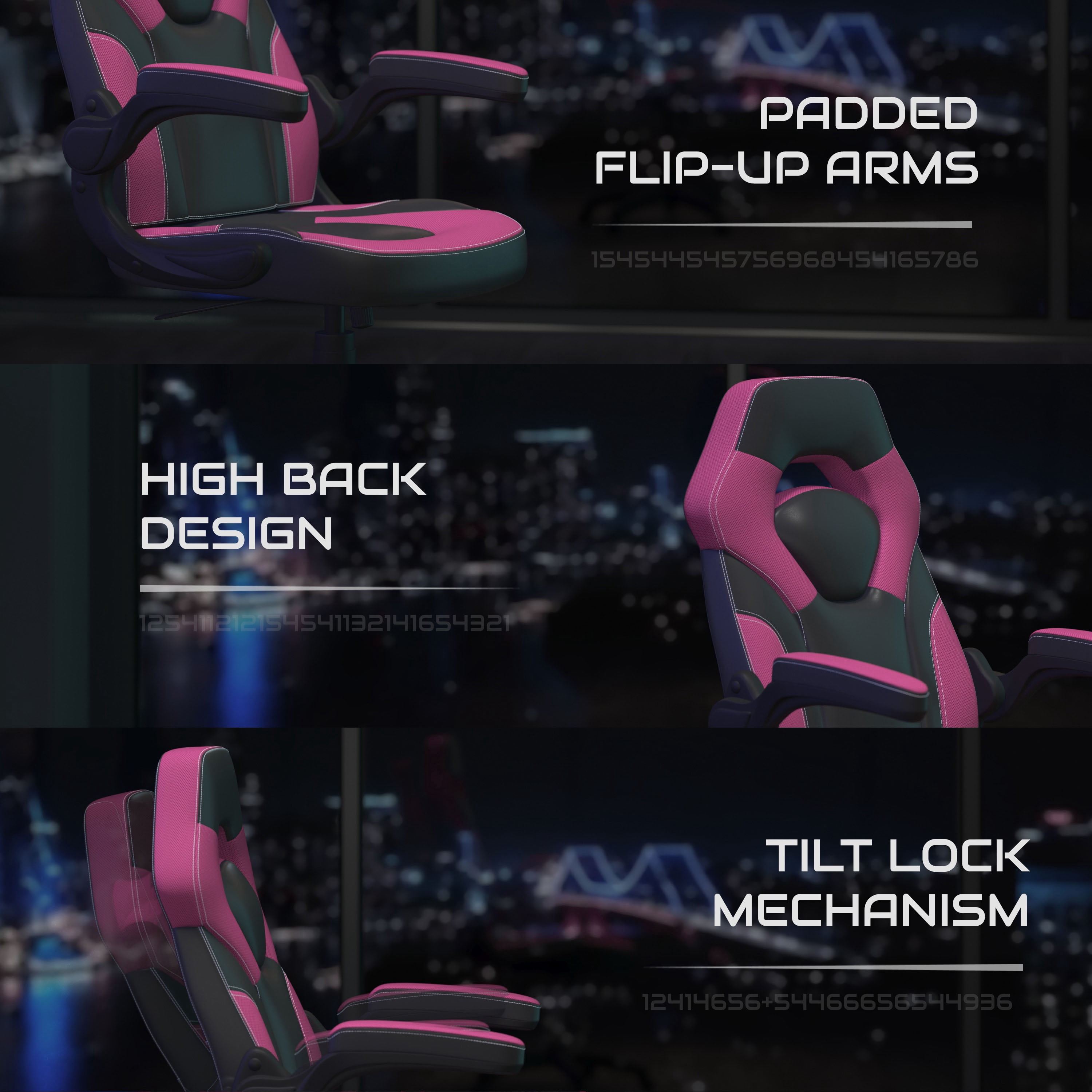 BlackArc High Back Gaming Chair, Faux Leather, Adjustable Swivel Seat, Flip-Up Arms, Pink