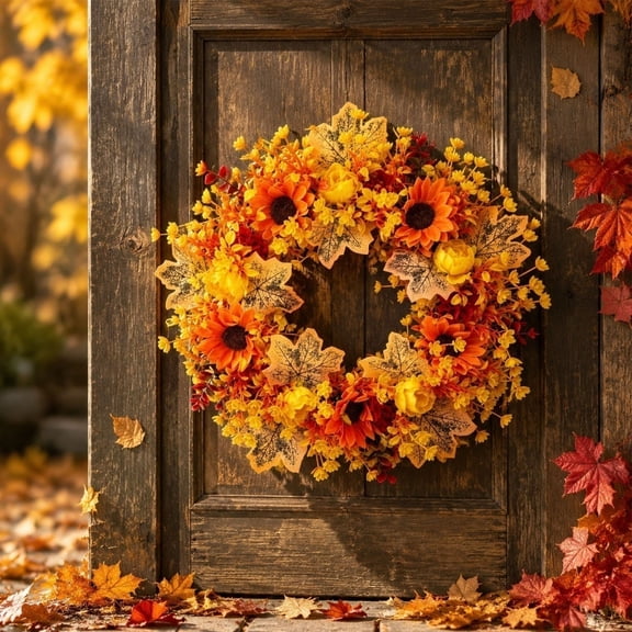 Roiihwy Orange Artificial Fall Sunflower Wreath 17.7x17.7in with Maple Leaves, Plastic Fall Floral Wreath for Front Door Thanksgiving Decor