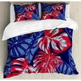 thumbnail image 1 of Aloha Duvet Cover Set Queen Size, Close Up Graphic Image of Monstera and Alocasia Exotic Jungle Setting, Decorative 3 Piece Bedding Set with 2 Pillow Shams, Indigo Blue and Dark Pink, by Ambesonne, 1 of 3