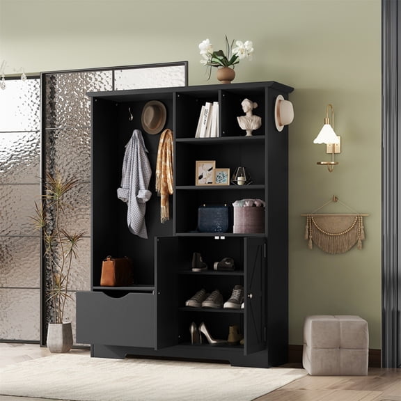 Hommoo Multi-functional Drawer Storage Hall Tree, Modern Wooden Hallway Tree with Storage Shelf, Shoe Cabinet, Bench, Coat Rack & Hook, Black