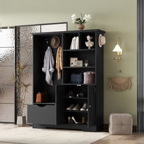 Hommoo Multi-functional Drawer Storage Hall Tree, Modern Wooden Hallway Tree with Storage Shelf, Shoe Cabinet, Bench, Coat Rack & Hook, Black