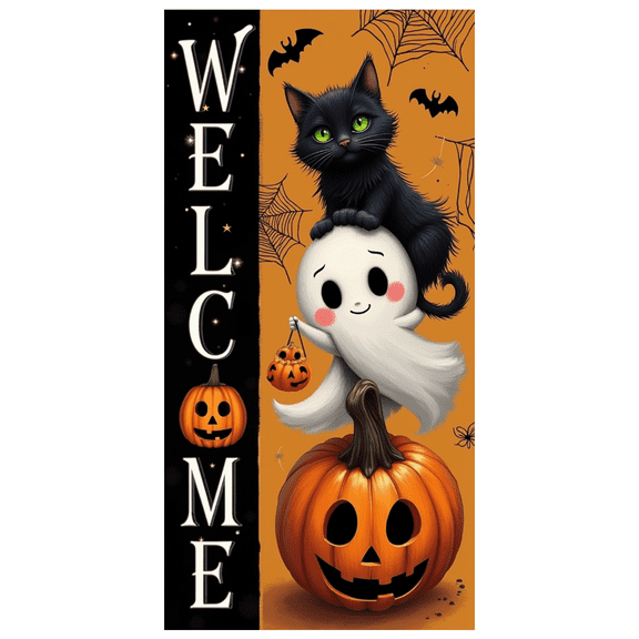 Pumpkin Decoration Halloween Welcome Banner Black Cat Design Festive Theme Ghost Illustration for Holiday Party Home Decoration Event Entryway