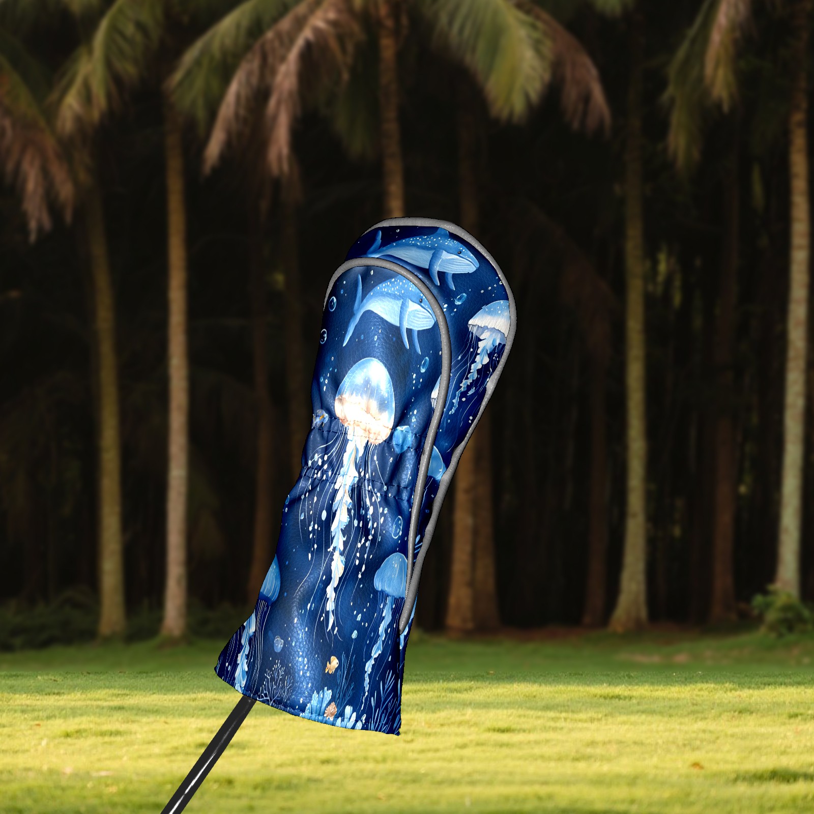 Golf Club Covers, Blue Jellyfish Sea Premium PU Leather Driver Hybrid Putter Head Covers with Velvet Lining, Waterproof Golf Gifts for Men Women