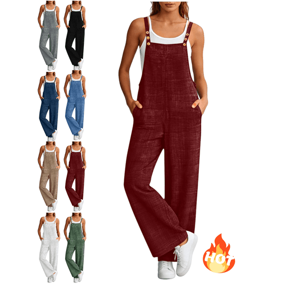 Mifsaly Linen Overalls for Women Adjustable Strap Buttons Sleeveless Wide Leg Jumpsuit with Pockets Fashion Summer Casual Travel One Piece Outfits