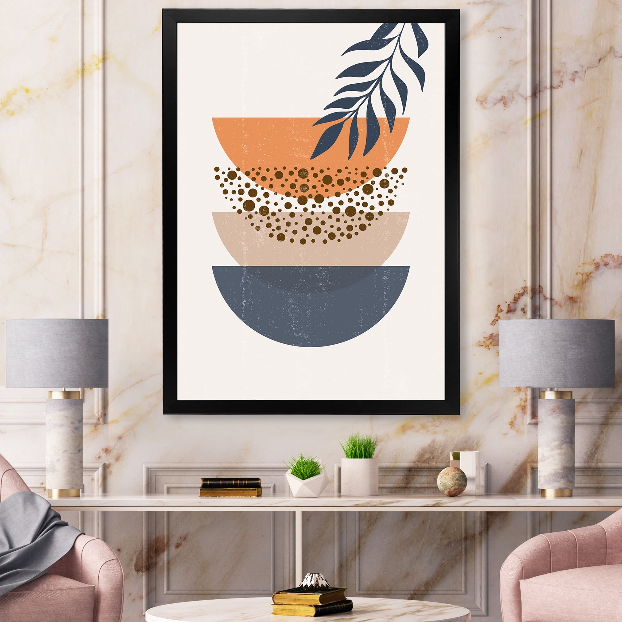 Designart 'Abstract Geometrical Moon and Sun With Leaf IV' Modern Framed Art Print