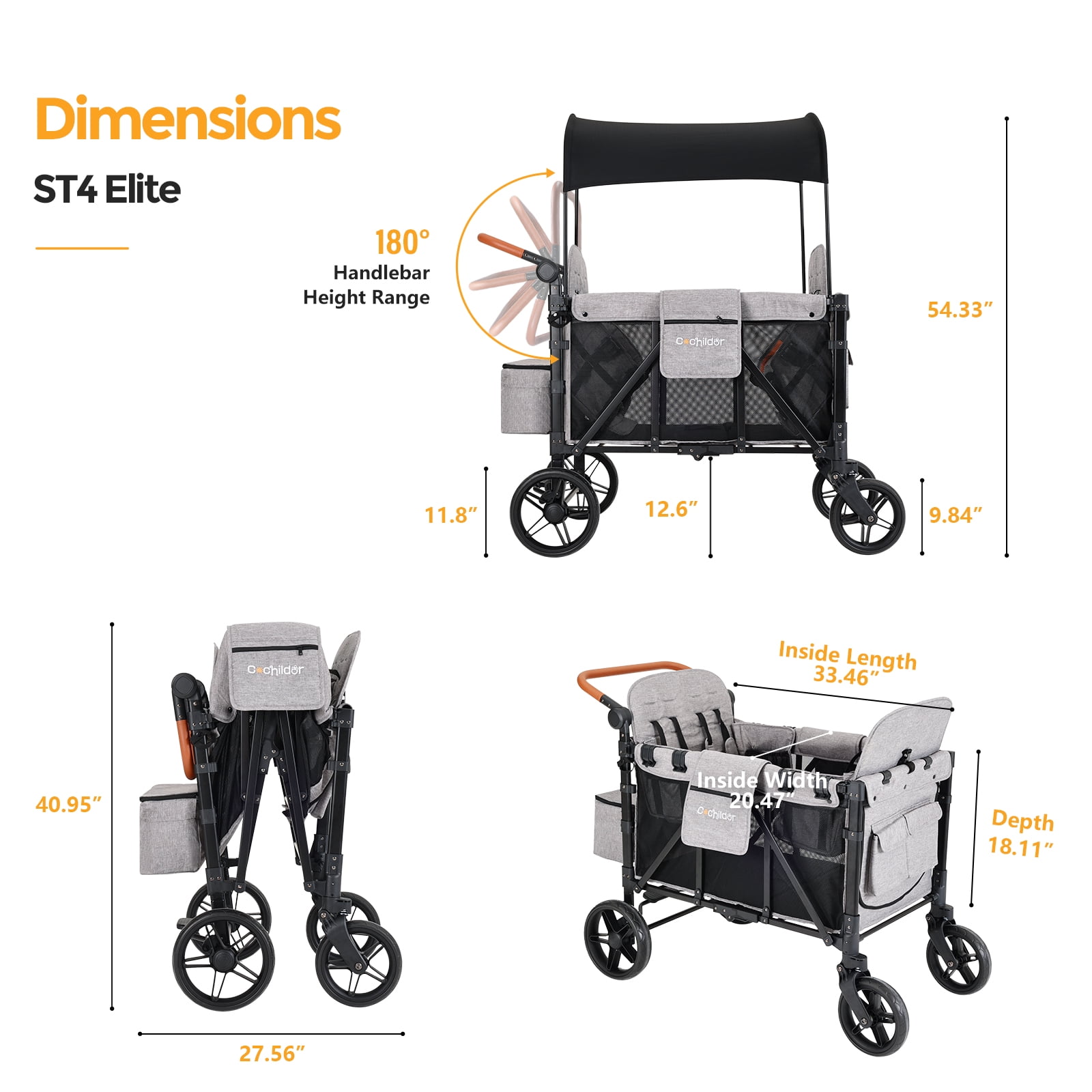 Cochildor Wagon Stroller for 4 Kids, Foldable Stroller Wagon with 5 Point Harness, Removable Canopy, Adjustable Handle Bar, Light Grey