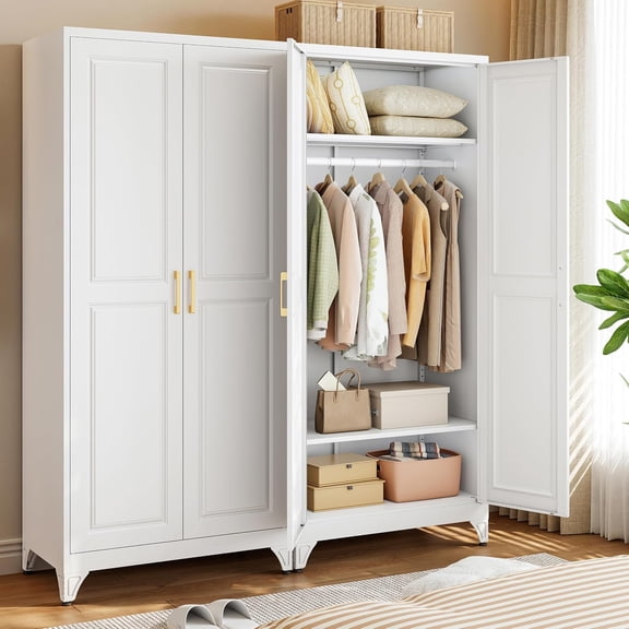 White Armoire Wardrobe Closet with Hanging Rod, Shelves | Metal Storage Cabinet, 2 Adjustable Shelves, 2 Doors, Clothes Storage for Bedroom, Office & Laundry, Easy Assembly