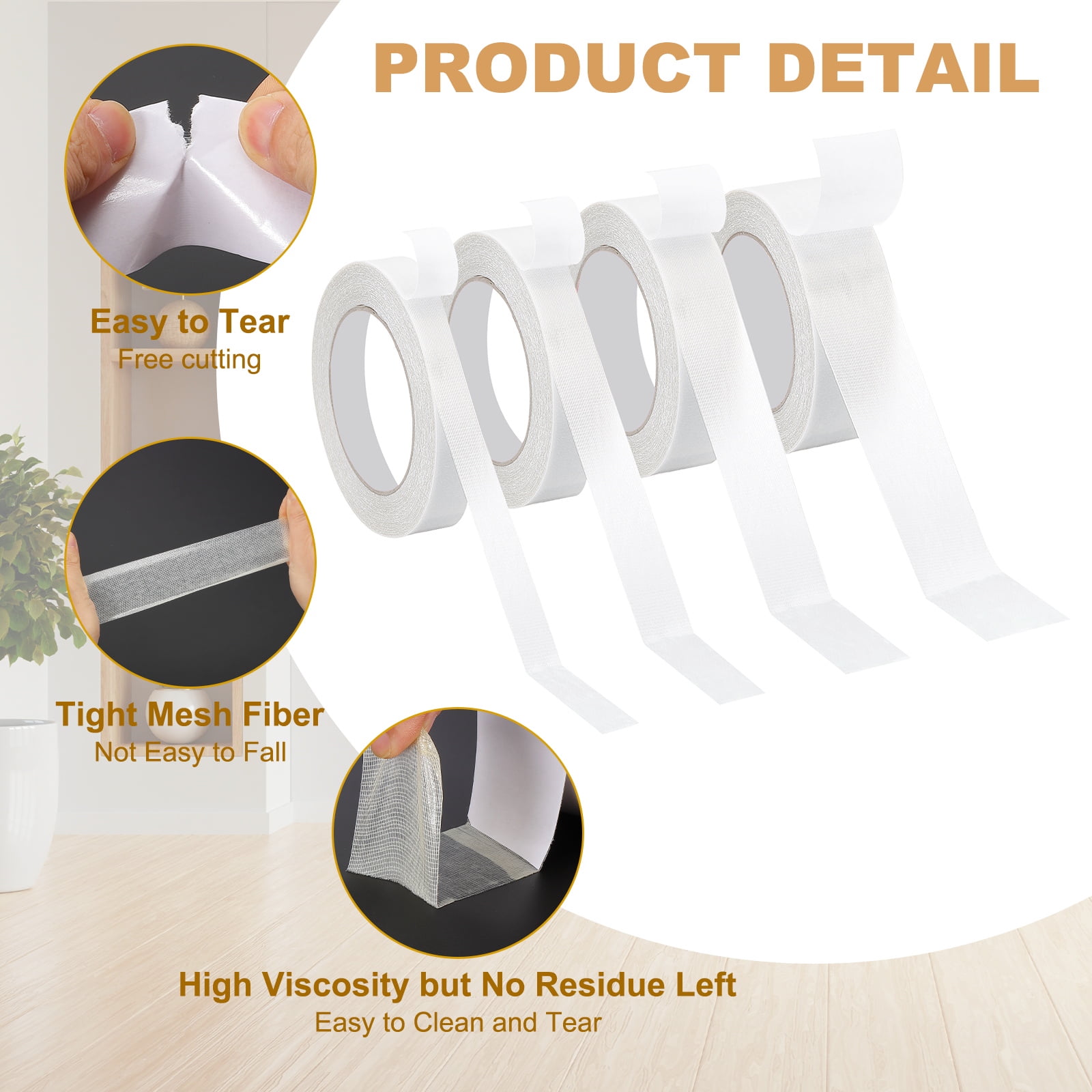 Uxcell Fabric Tape, 4 Roll Carpet Tape Mesh Tape, 66 Feet x 0.6/0.8/1.2/1.6", White