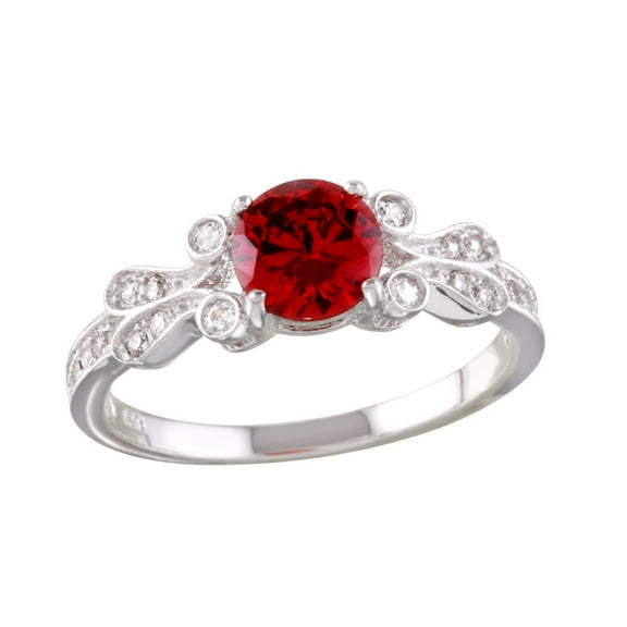 Round Simulated Ruby Center Cubic Zirconia Swirl Sides Ring Rhodium Plated Sterling Silver Size 7