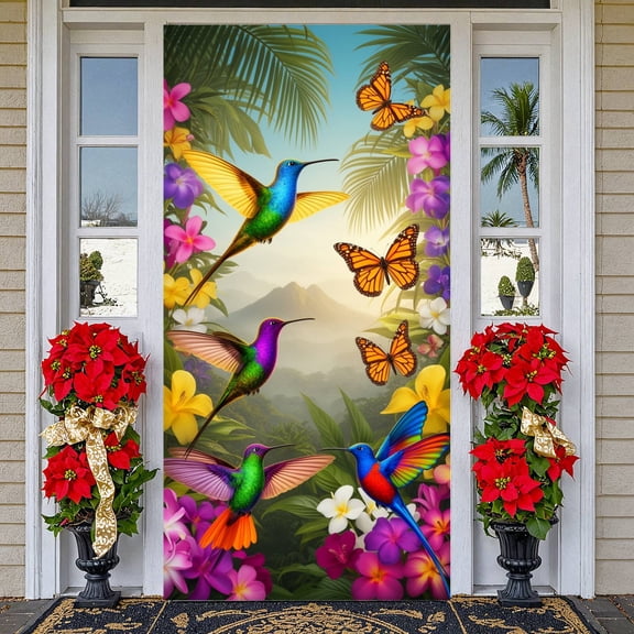 Vibrant Tropical Hummingbird Banner Colorful Butterfly Display Greenery Jungle Backdrop for Indoor Decoration Outdoor Party Wildlife Themed Gathering