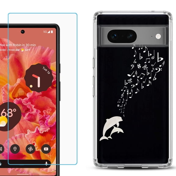 Slim-Fit Gel TPU Phone Case for Google Pixel 7, with Tempered Glass Screen Protector, by OneToughShield ® - Dolphin Music