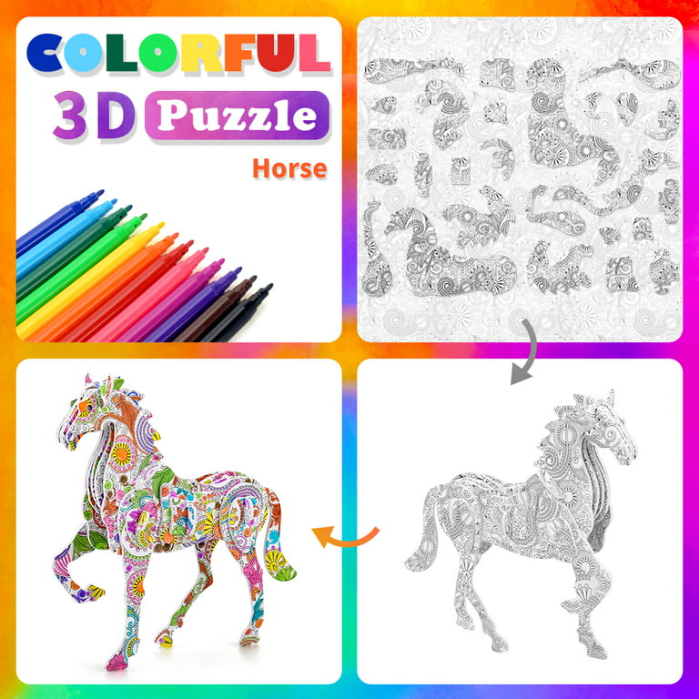 Sunnypig 3D Coloring Puzzle for 6 7 Year Old Girl | Fun Art and Craft Kit for Girl Age 10 | Unicorn Horse Toys for Kid Age 8 9 | DIY Painting Puzzle