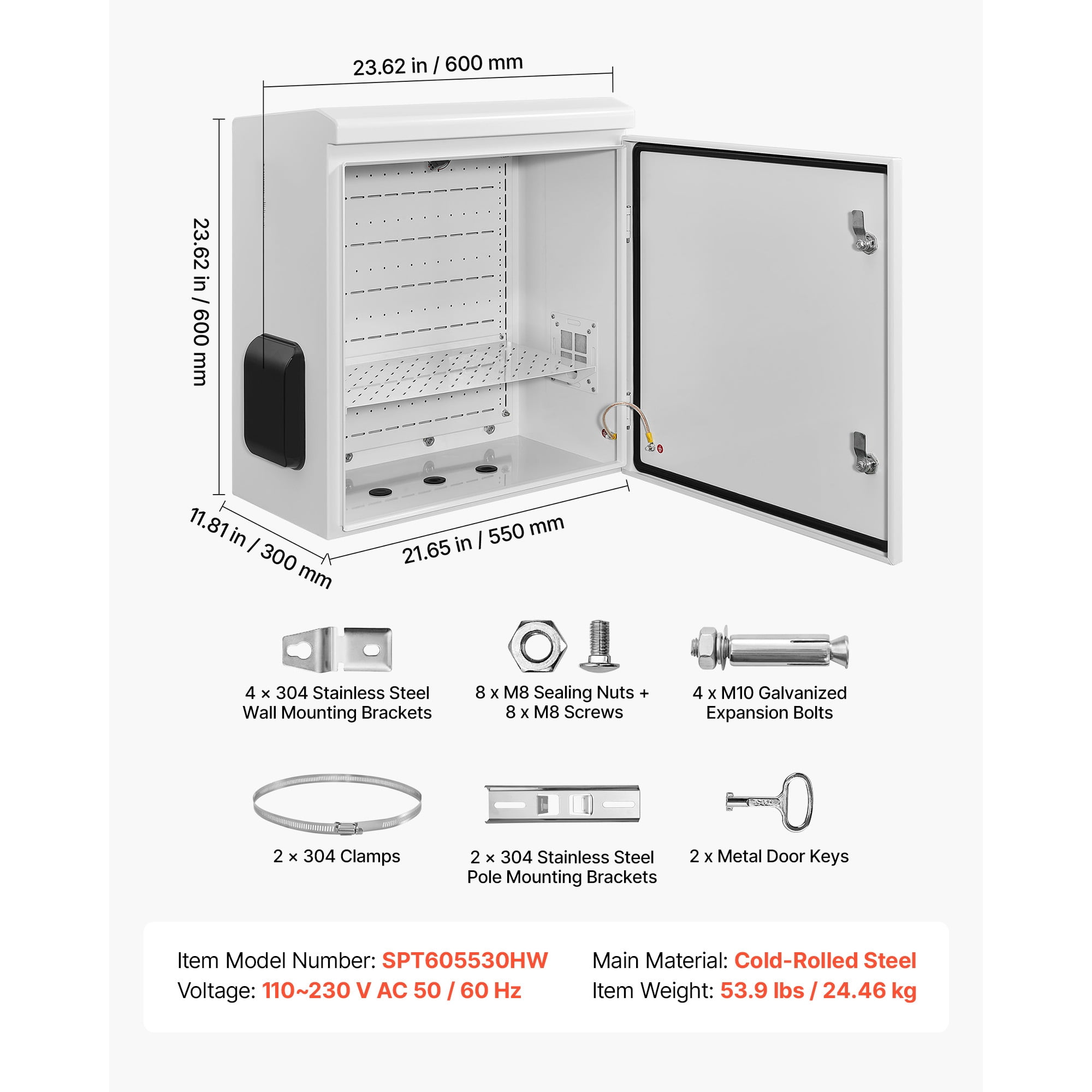 KFFKFF Outdoor Electrical Enclosure, Cold-Rolled Steel, Junction Box with Built-In Thermostat and Fan, Weatherproof Hood, Ventilated Structure, IP65 Waterproof Hinged Design, 24 x 24 x 12 in