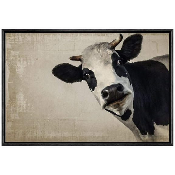 wall26 Framed Canvas Print Wall Art Black & White Cow Portrait on Grunge Background Animals Wildlife Digital Art Realism Rustic Nature Photography for Living Room, Bedroom, Office - 16"x24&q