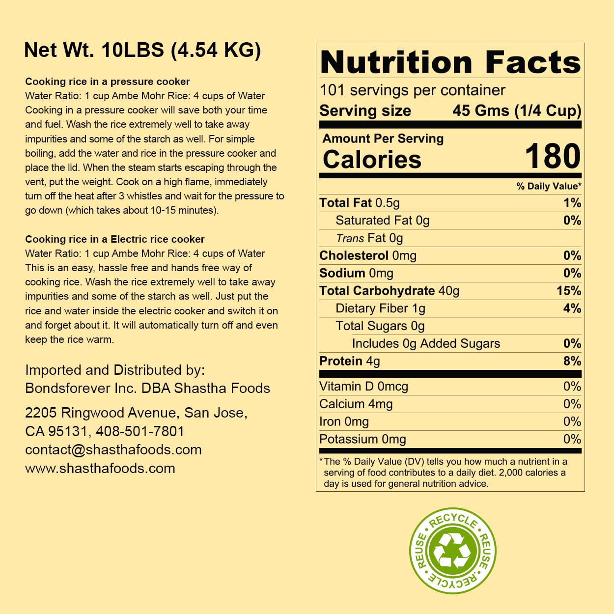 Shastha Foods Ambe Mohr Rice, Gluten-Free and Nut-Free, 20 lbs, pack of 1