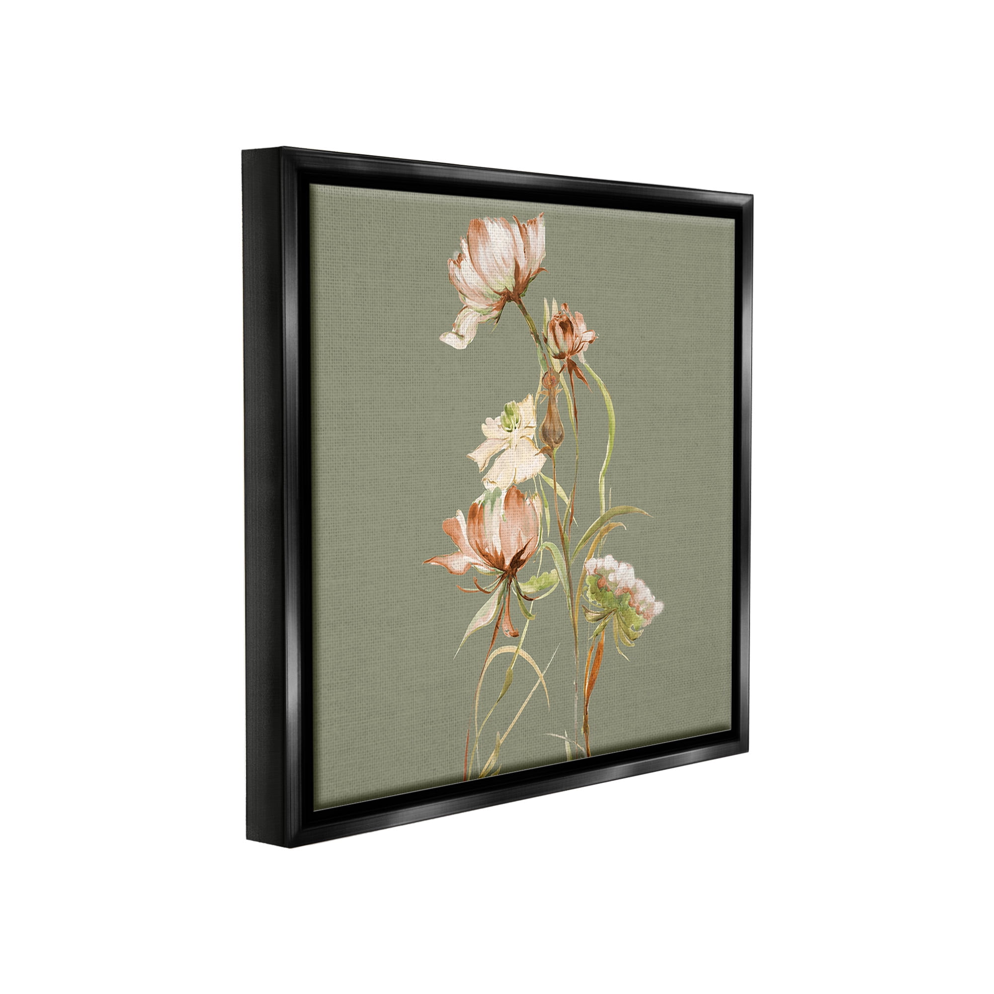 Stupell Industries Delicate Blooms on Green Botanical & Floral Painting Black Floater Framed Canvas Art Print Wall Art, 25 x 25