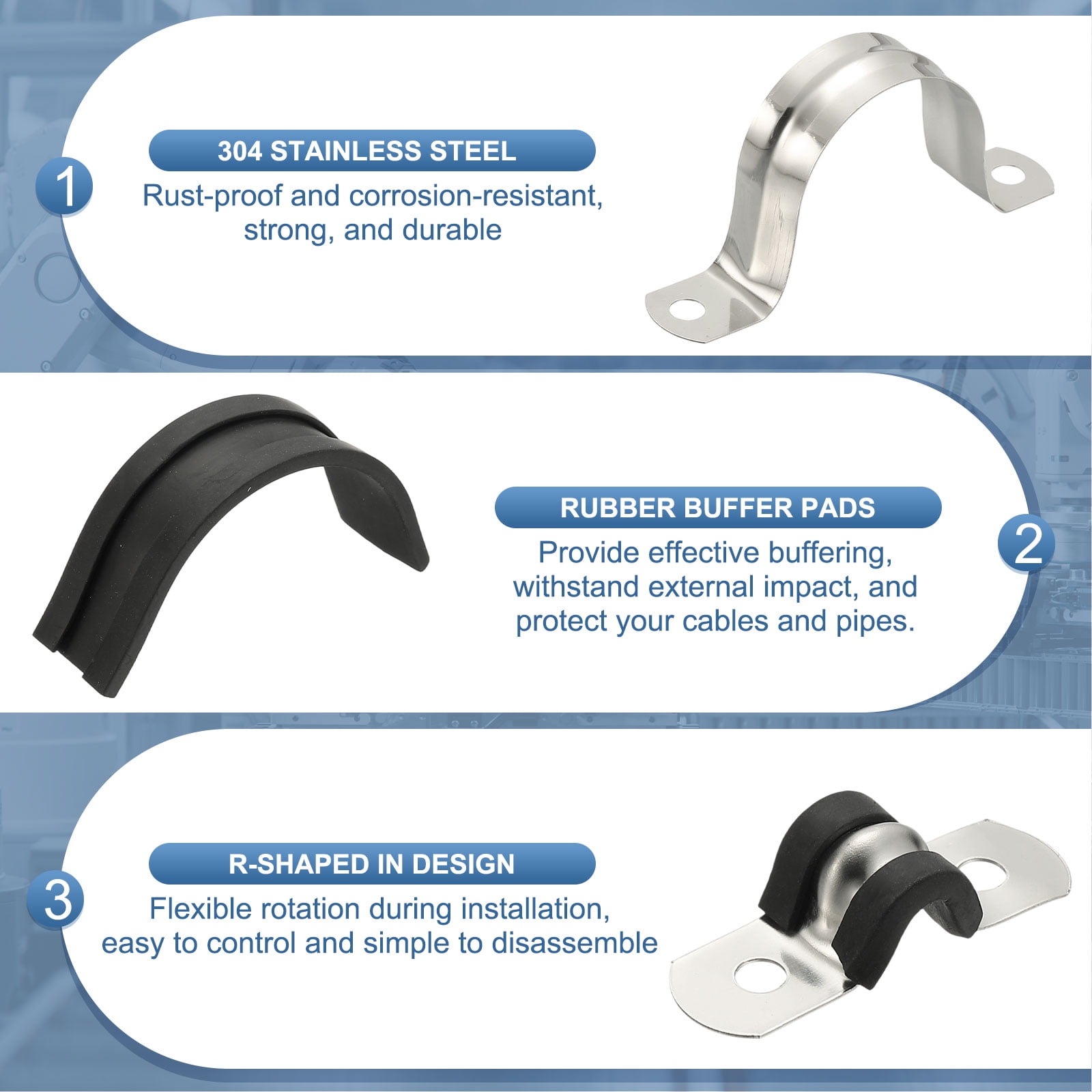 Uxcell 12Pcs Pipe Clamps, 3 Inch 304 Stainless Steel Rubber Cushioned U Bracket