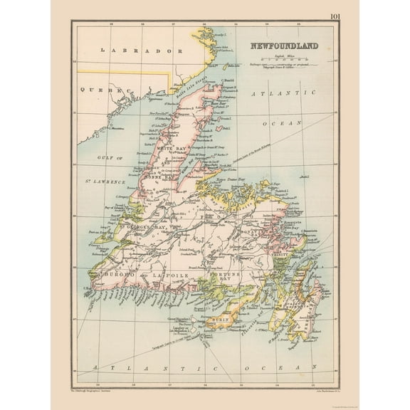 Historic Map - Newfoundland Canada - Bartholomew 1892 - Vintage Wall Art