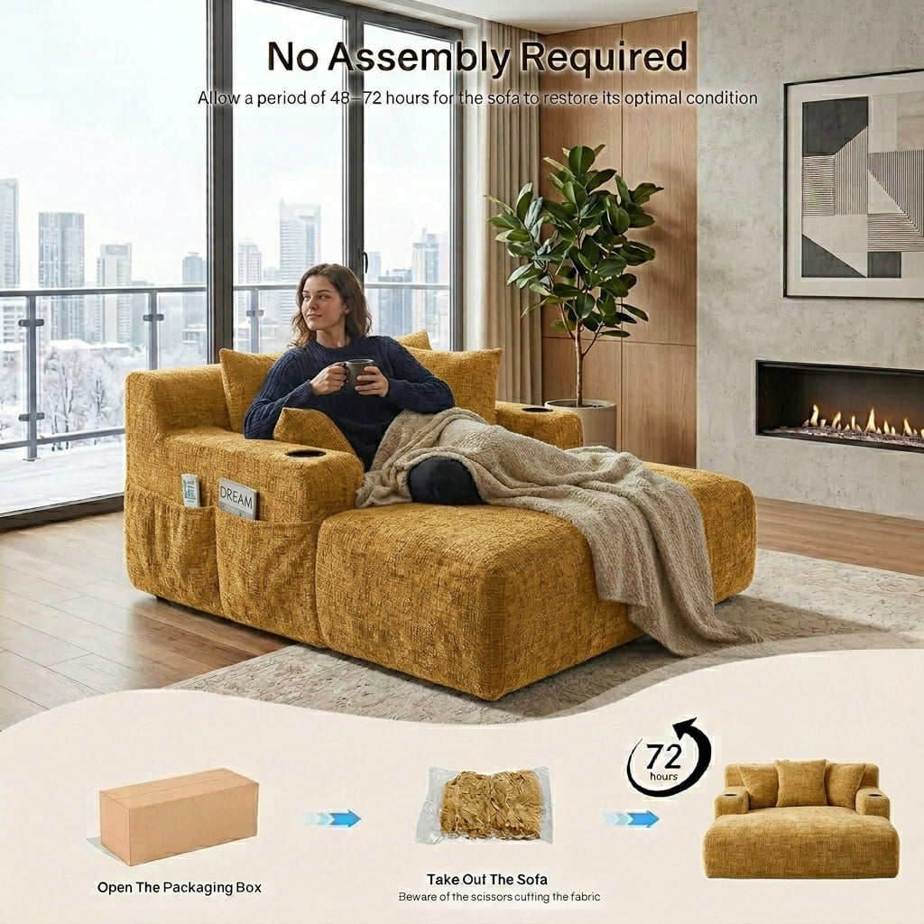 MOONMISS Chenille Chaise Lounge Chair Indoor, Single Sleeper Sofa Chair with Pillows & Cup Holders, Comfy Compression Sofa Bed for Living Room, Bedroom