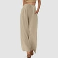 thumbnail image 2 of Jamsmile Womens Pants Summer High Waisted Drawstrings Linen Wide Leg Beach Pants With Pockets Casual Pure Color Loose Trousers, 2 of 5