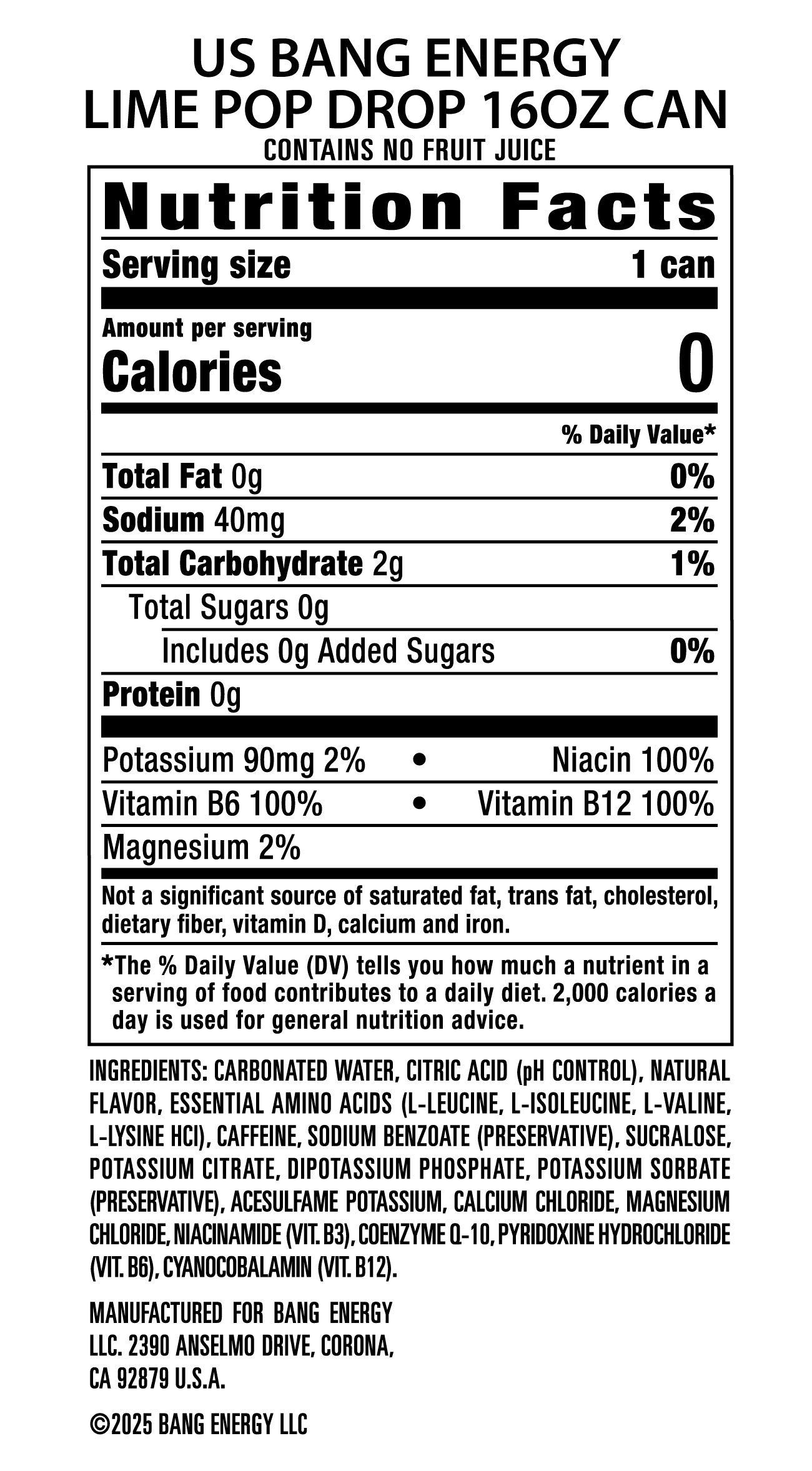 Bang Energy Drink, Lime Pop Drop, 16 fl oz, 12 Cans