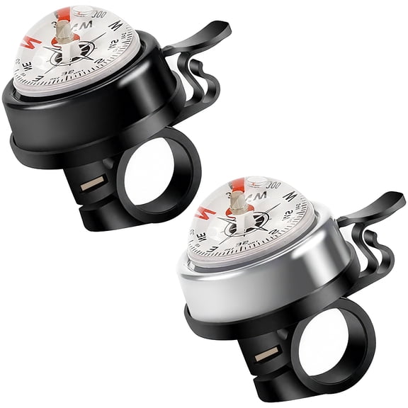 Merdia Aluminum Alloy Bicycle Bell, Compass Bell for Bike Loud and Clear Sound Bike Horn Fit 22.2 mm for Bike Handlebars Silver&Black 2 PCS