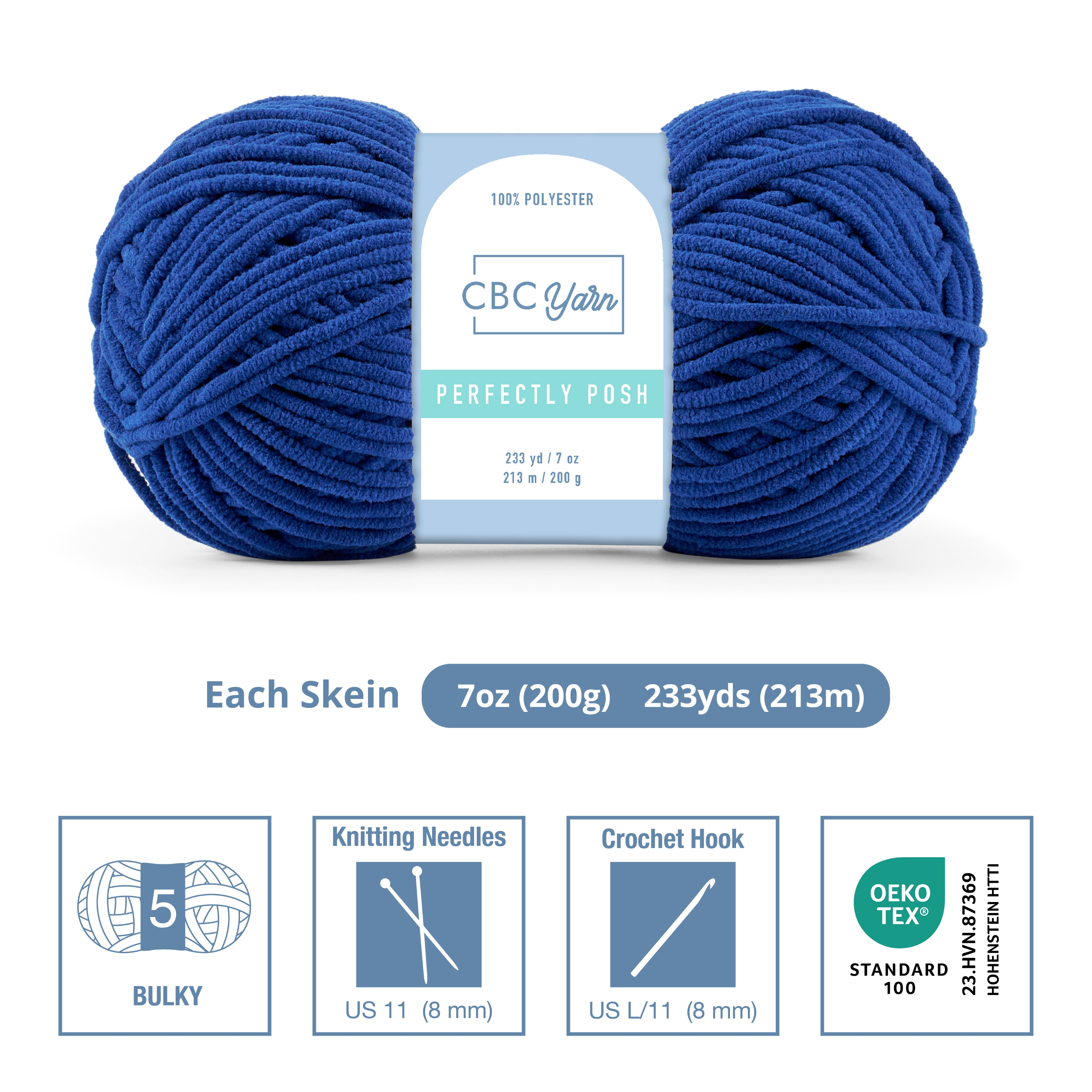 CBC Perfectly Posh Chenille Yarn for Knitting, Crocheting and Amigurumi - 6 Pack (7 oz / 200 g, 233 yards Each Skein), Blueberry, Gauge 5 Bulky