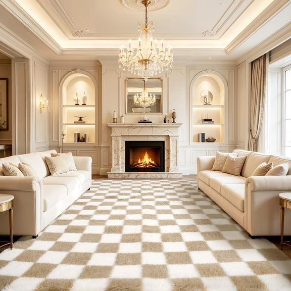 UNTIMATY 8'x10' Area Rugs for Living Room, Large Shag Fluffy Rug Checkered Carpet, Beige & White