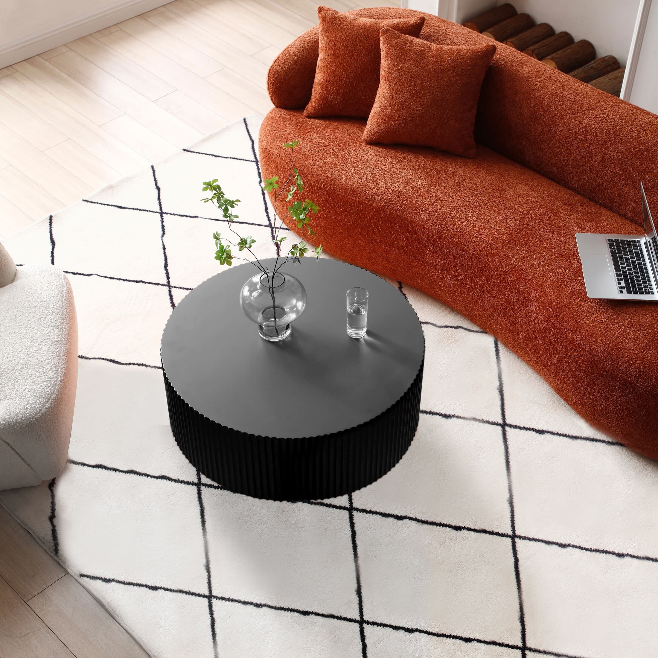 Noble House 35.43" Contemporary Round Coffee Table, MDF Drum with Handcrafted Relief, Modern Painted Finish, Matte Black