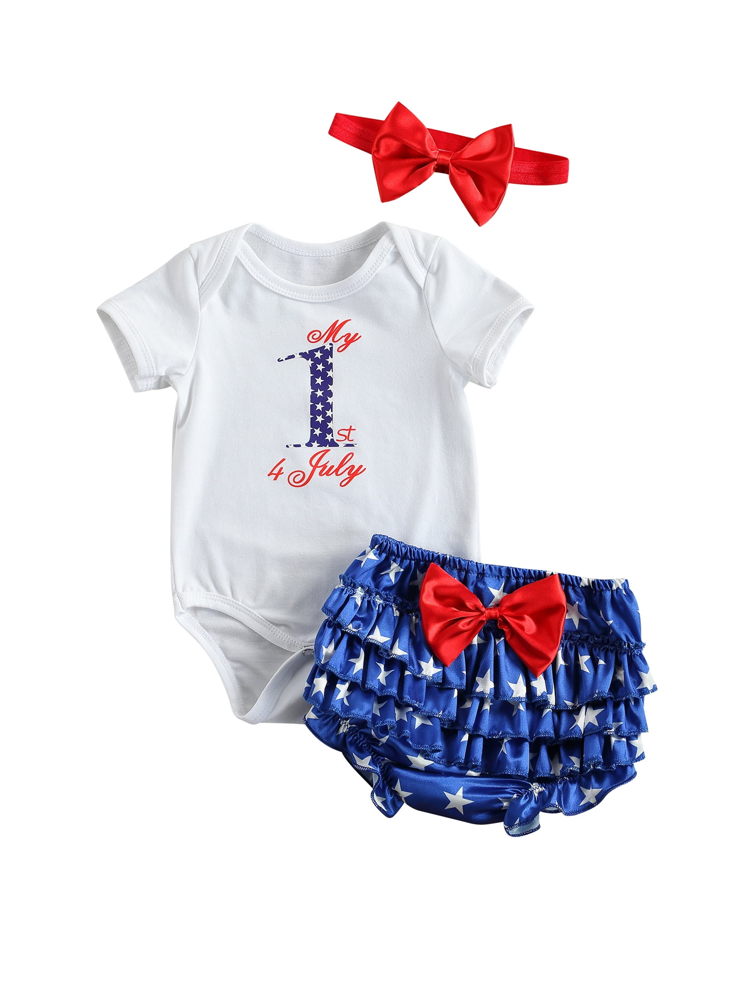 Newborn Baby Toddler Girl 4th of July Romper Bodysuit Headband Clothes Outfit 