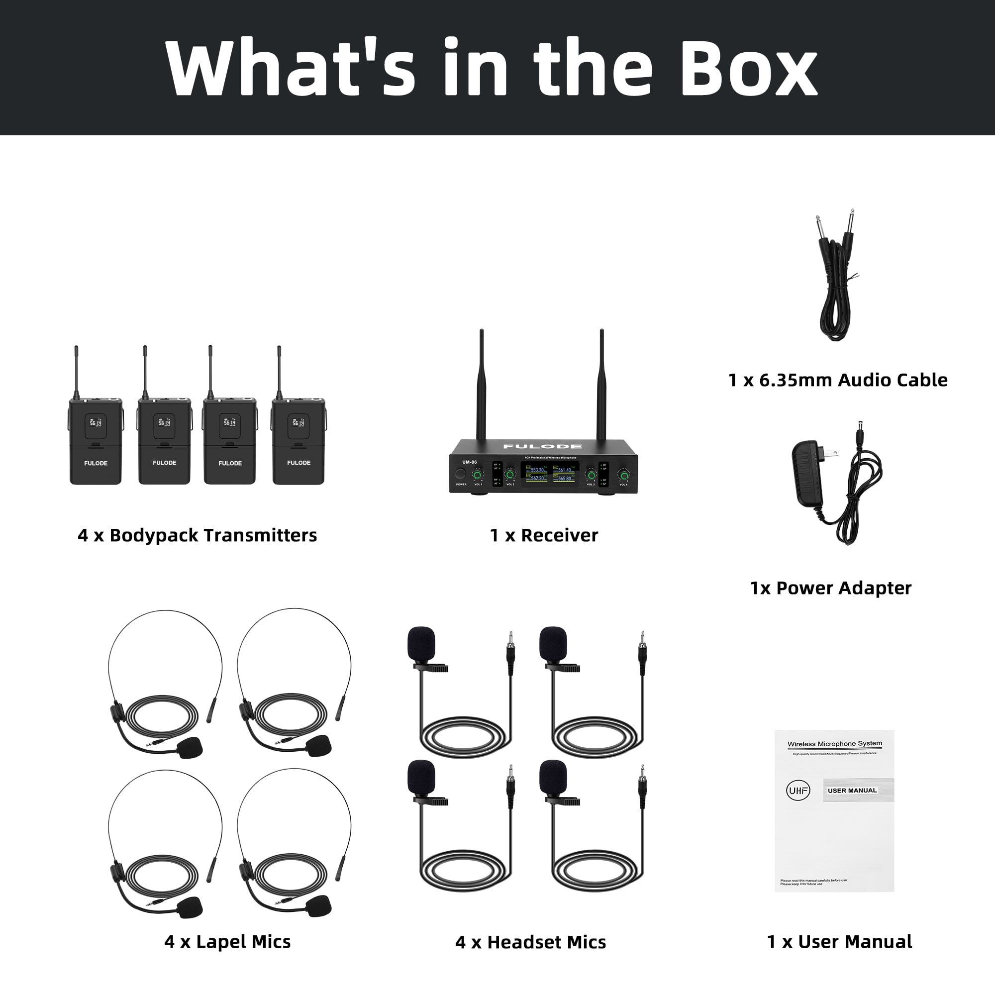 FULODE Wireless Lavalier Microphone System with Headset & Lapel Mics, 4 Channel UHF Cordless Microphone and Metal Receiver Set, 300ft Range for Singing, Church, Karaoke, Preaching, Wedding