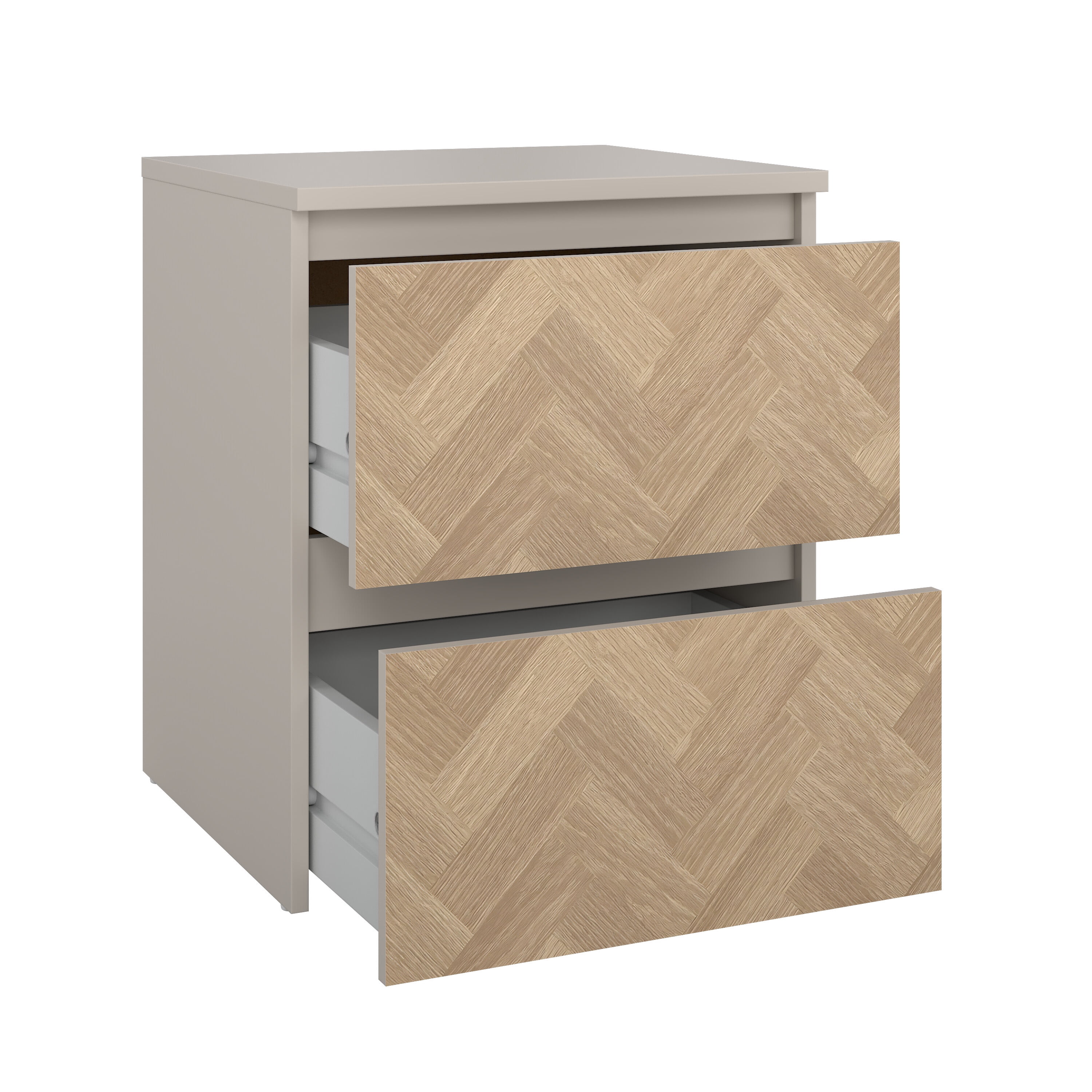 Tvilum 2 Drawer Herringbone Nightstand with Handle-Free Drawers, Soft Beige / Herringbone