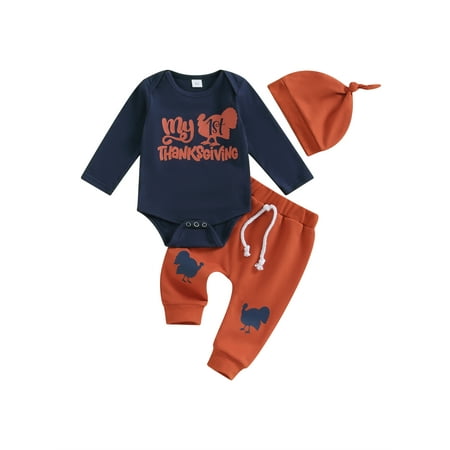 

Bagilaanoe 3pcs Newborn Baby Boy Thanksgiving Clothes Turkey Long Sleeve Romper Tops + Leggings + Hat 3M 6M 12M Infant Fall Long Pants Set