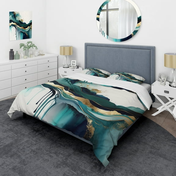 Designart "Teal and Gold Abstract Expressionism IV" Modern Bedding Covert Set - Abstract Liquid Ink Turquoise Abstract Bed Set With 2 Shams