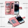 thumbnail image 2 of ELEHOLD for Apple iPhone 13 Multi-Function Wallet Case, Zipper Magnetic PU Leather Wrist Strap Card Holder Protective Wallet Stand for Women and Men Cover, pink, 2 of 5