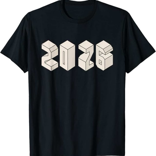 Men's 2026 New Year T-Shirt- Heavyweight Casual Street Style with-2026 Number Print(Black/White)- Minimalist Beige Cube Design Round Neck Short Sleeve Shirt Sui Cool 2026 Men's T-shirt Men's 2026