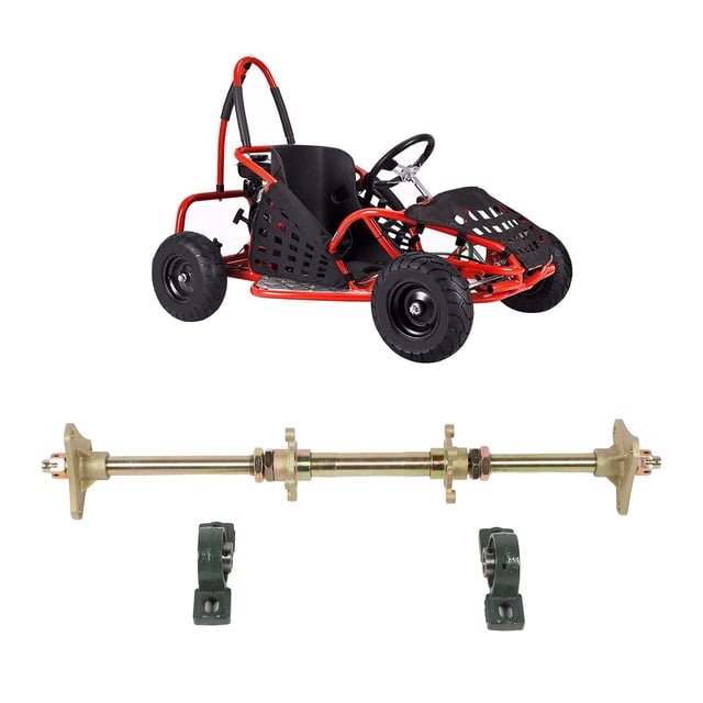 kit de eje trasero de bricolaje, kit de eje trasero de 24 pulgadas para triciclos de deriva y go karts 50-150cc, eje metálico con bridas y soportes de fijación montados, dos soportes de cojinetes separados y seis accesorios incluidos sobre fondo blanco; adecuado para reconstrucciones DIY cuando el tamaño es correcto.