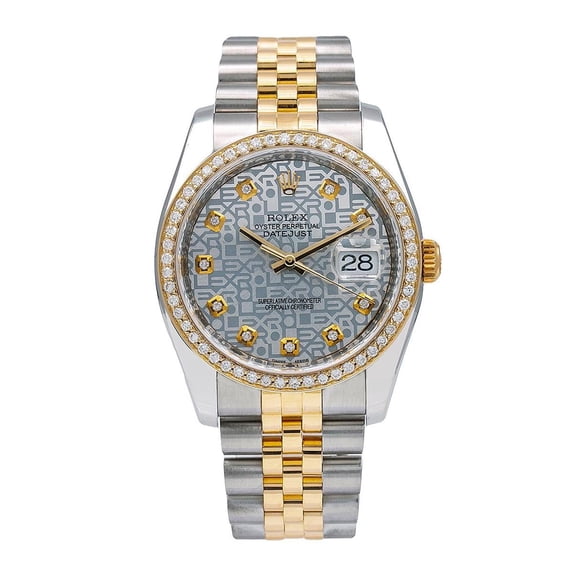 Pre-Owned Rolex Datejust 36MM 116233 Silver Pattern Diamond Dial Diamond Bezel Two Tone Yellow Gold Jubilee Bracelet 1.2ct