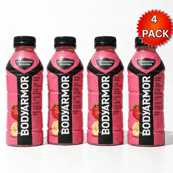 BODYARMOR Sports Drink, Strawberry Banana Flavor, Electrolyte Hydration Beverage, 16 fl oz Bottles (Pack of 4), Coconut Water with B Vitamins & Antioxidants